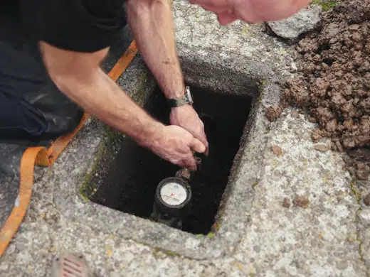 Open trench with sewer or water line replacement pipe exposed for Plumbing Service Areas in Index.Html
